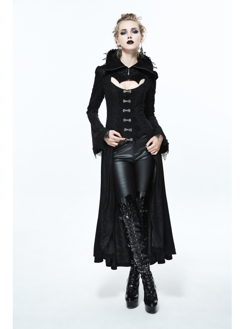 Gothic Big Standing Collar Lace Horn Sleeve Cuff Black Floral Dark Patterned Embroidered Suede Women Dress Coat