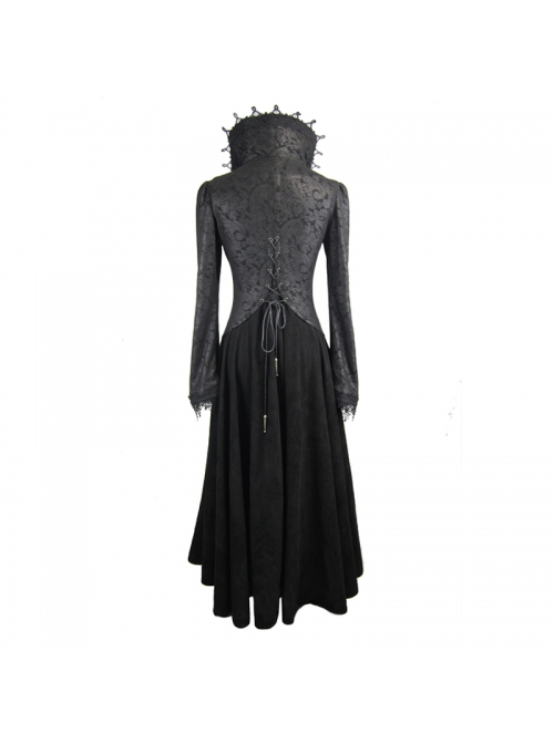 Gothic Big Standing Collar Lace Horn Sleeve Cuff Black Floral Dark Patterned Embroidered Red Suede Women Dress Coat