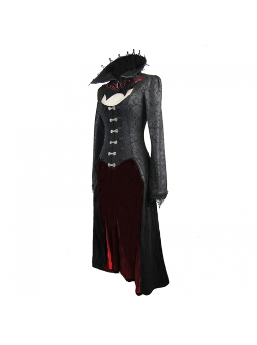 Gothic Big Standing Collar Lace Horn Sleeve Cuff Black Floral Dark Patterned Embroidered Red Suede Women Dress Coat