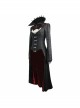 Gothic Big Standing Collar Lace Horn Sleeve Cuff Black Floral Dark Patterned Embroidered Red Suede Women Dress Coat