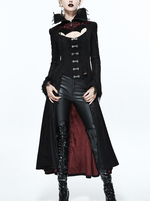 Gothic Big Standing Collar Lace Horn Sleeve Cuff Black Floral Dark Patterned Embroidered Red Suede Women Dress Coat