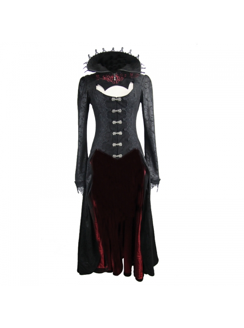 Gothic Big Standing Collar Lace Horn Sleeve Cuff Black Floral Dark Patterned Embroidered Red Suede Women Dress Coat