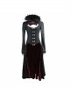 Gothic Big Standing Collar Lace Horn Sleeve Cuff Black Floral Dark Patterned Embroidered Red Suede Women Dress Coat