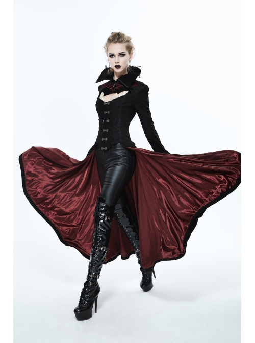 Gothic Big Standing Collar Lace Horn Sleeve Cuff Black Floral Dark Patterned Embroidered Red Suede Women Dress Coat