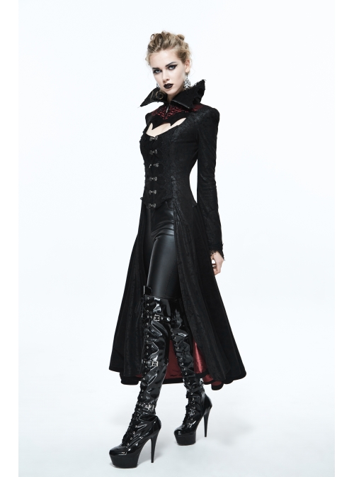 Gothic Big Standing Collar Lace Horn Sleeve Cuff Black Floral Dark Patterned Embroidered Red Suede Women Dress Coat