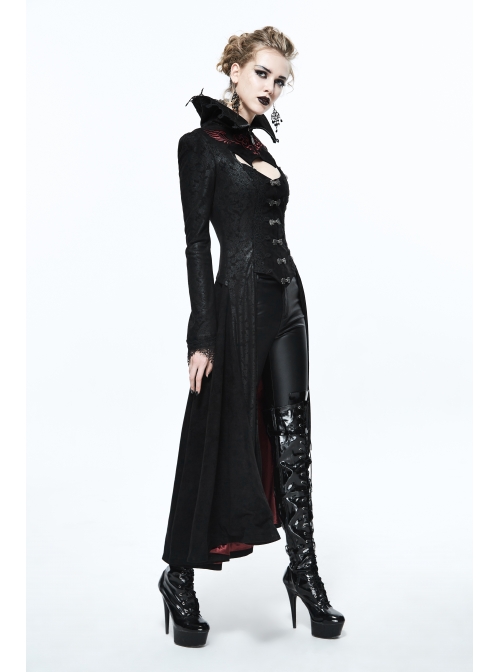 Gothic Big Standing Collar Lace Horn Sleeve Cuff Black Floral Dark Patterned Embroidered Red Suede Women Dress Coat