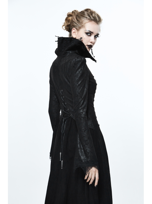 Gothic Big Standing Collar Lace Horn Sleeve Cuff Black Floral Dark Patterned Embroidered Red Suede Women Dress Coat