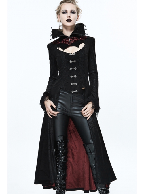 Gothic Big Standing Collar Lace Horn Sleeve Cuff Black Floral Dark Patterned Embroidered Red Suede Women Dress Coat