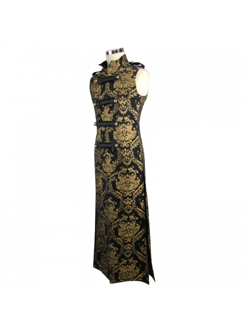 Gothic Spiral Buckle Decorated Gold Court Jacquard Long Black Vest