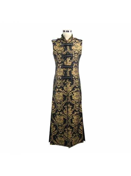 Gothic Spiral Buckle Decorated Gold Court Jacquard Long Black Vest