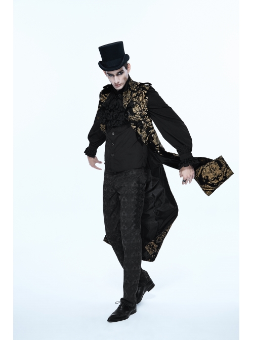 Gothic Spiral Buckle Decorated Gold Court Jacquard Long Black Vest