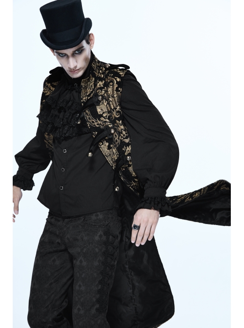 Gothic Spiral Buckle Decorated Gold Court Jacquard Long Black Vest