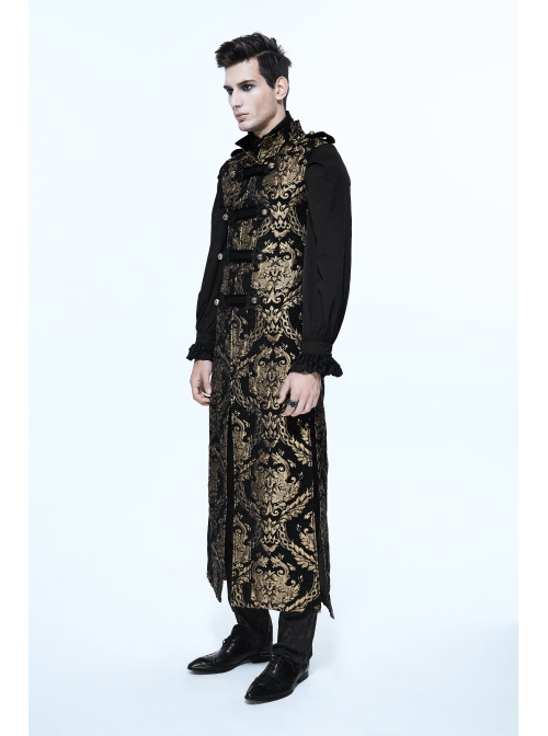 Gothic Spiral Buckle Decorated Gold Court Jacquard Long Black Vest