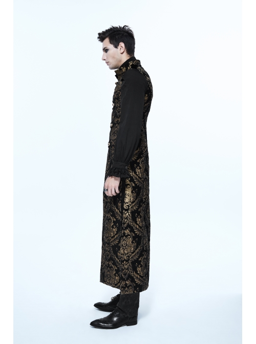 Gothic Spiral Buckle Decorated Gold Court Jacquard Long Black Vest