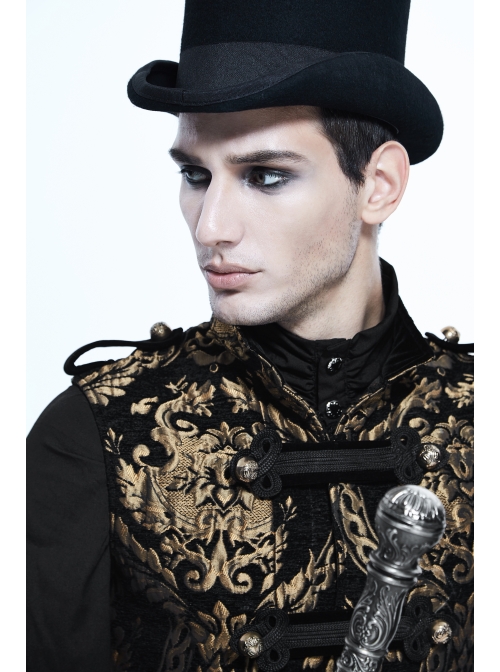 Gothic Spiral Buckle Decorated Gold Court Jacquard Long Black Vest