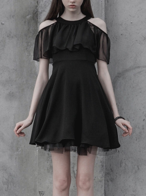 Gothic Female Elegant Black Lace High Waist Chiffon Dress