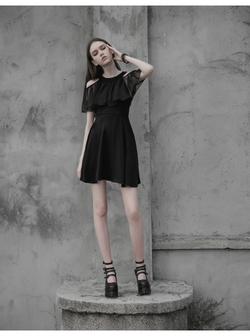 Gothic Female Elegant Black Lace High Waist Chiffon Dress