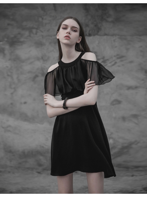 Gothic Female Elegant Black Lace High Waist Chiffon Dress