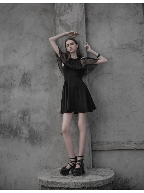 Gothic Female Elegant Black Lace High Waist Chiffon Dress