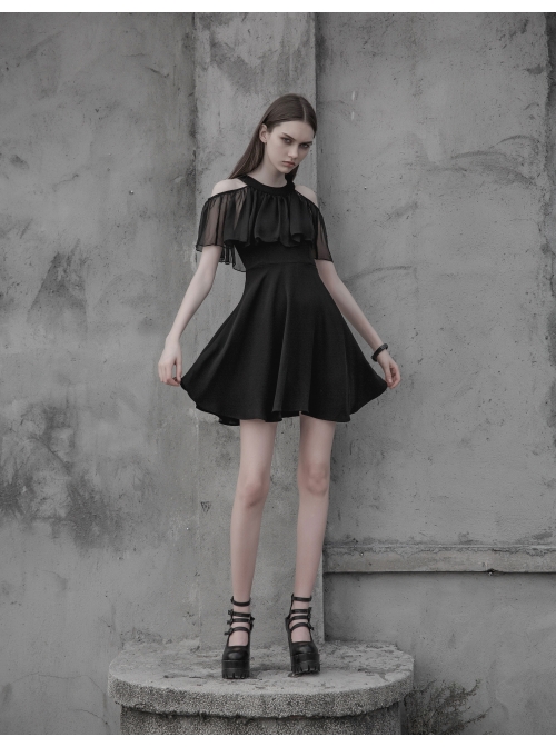 Gothic Female Elegant Black Lace High Waist Chiffon Dress