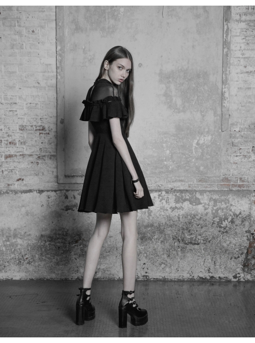 Gothic Female Black Lotus Leaf Stitching Lace Dress