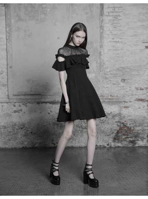 Gothic Female Black Lotus Leaf Stitching Lace Dress