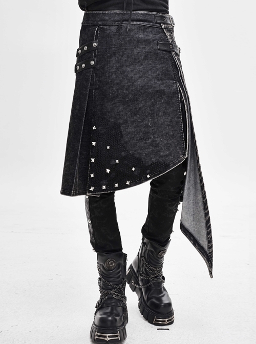 Side Leather Loop Mesh Rivet Irregular Hem Gray Punk Faded Corduroy Wrapped Kilt
