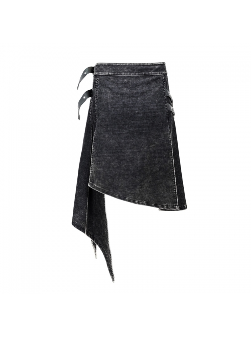 Side Leather Loop Mesh Rivet Irregular Hem Gray Punk Faded Corduroy Wrapped Kilt