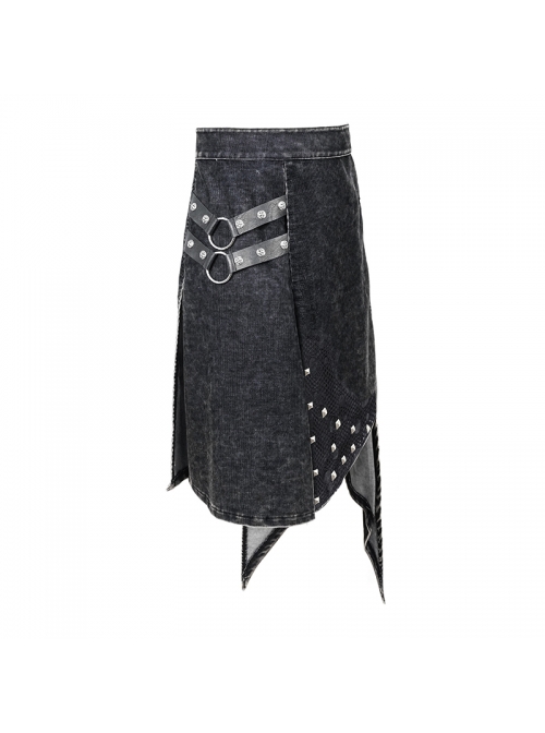 Side Leather Loop Mesh Rivet Irregular Hem Gray Punk Faded Corduroy Wrapped Kilt