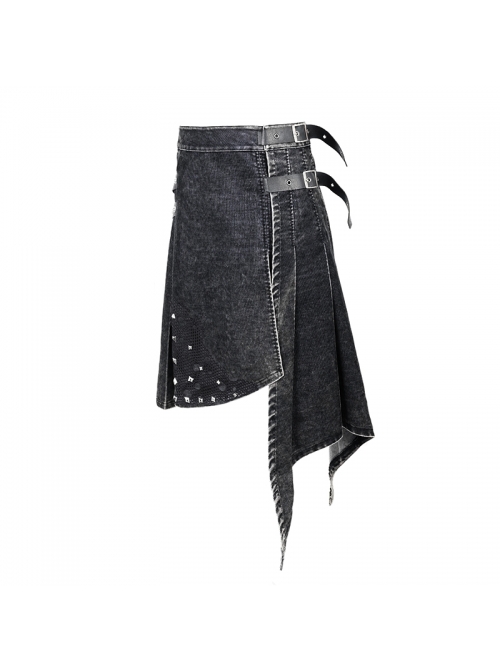 Side Leather Loop Mesh Rivet Irregular Hem Gray Punk Faded Corduroy Wrapped Kilt