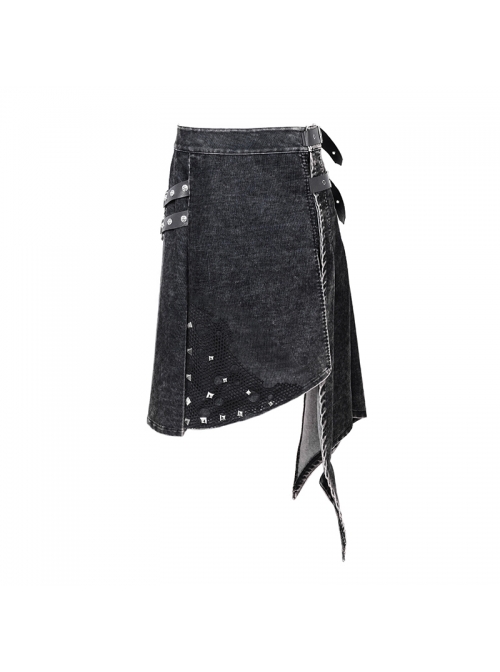 Side Leather Loop Mesh Rivet Irregular Hem Gray Punk Faded Corduroy Wrapped Kilt