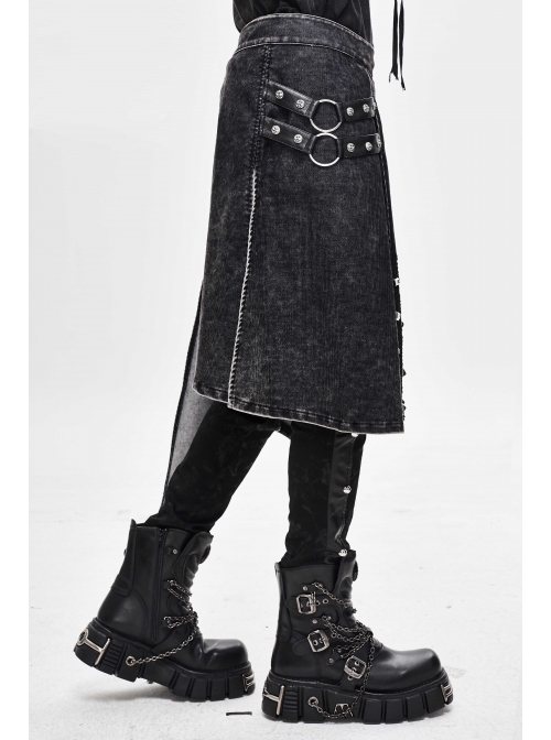 Side Leather Loop Mesh Rivet Irregular Hem Gray Punk Faded Corduroy Wrapped Kilt