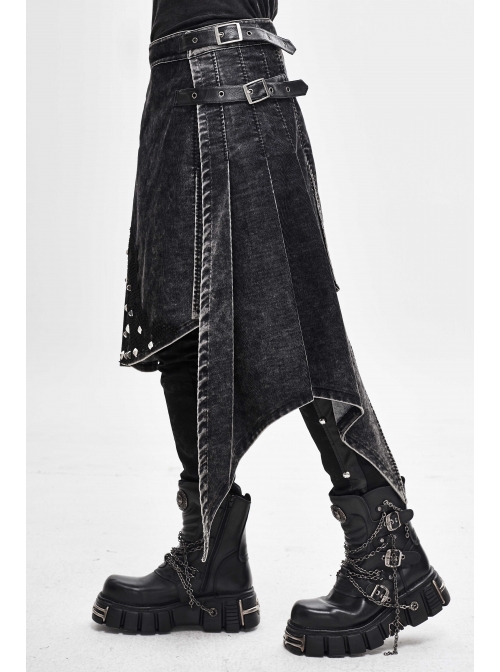 Side Leather Loop Mesh Rivet Irregular Hem Gray Punk Faded Corduroy Wrapped Kilt