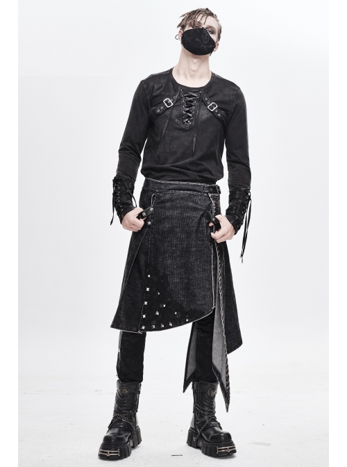 Side Leather Loop Mesh Rivet Irregular Hem Gray Punk Faded Corduroy Wrapped Kilt