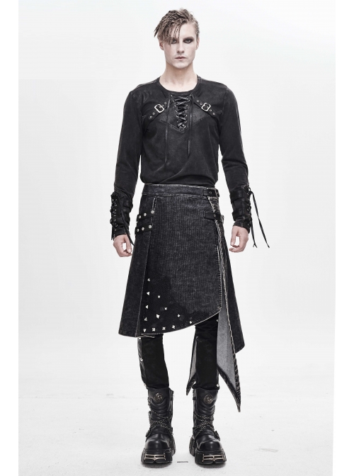 Side Leather Loop Mesh Rivet Irregular Hem Gray Punk Faded Corduroy Wrapped Kilt