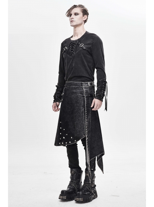 Side Leather Loop Mesh Rivet Irregular Hem Gray Punk Faded Corduroy Wrapped Kilt