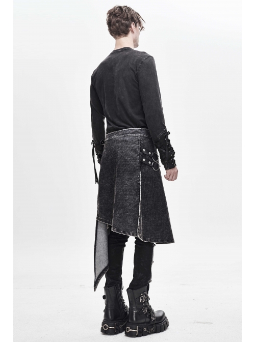 Side Leather Loop Mesh Rivet Irregular Hem Gray Punk Faded Corduroy Wrapped Kilt