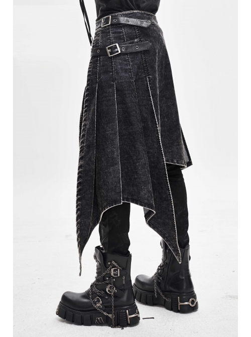 Side Leather Loop Mesh Rivet Irregular Hem Gray Punk Faded Corduroy Wrapped Kilt