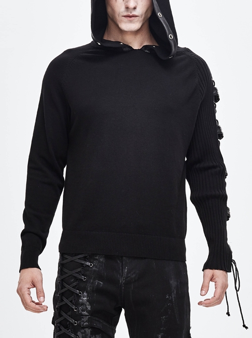 Asymmetrical Sleeves Leather Loop Lace-Up Black Punk Hooded Sweater