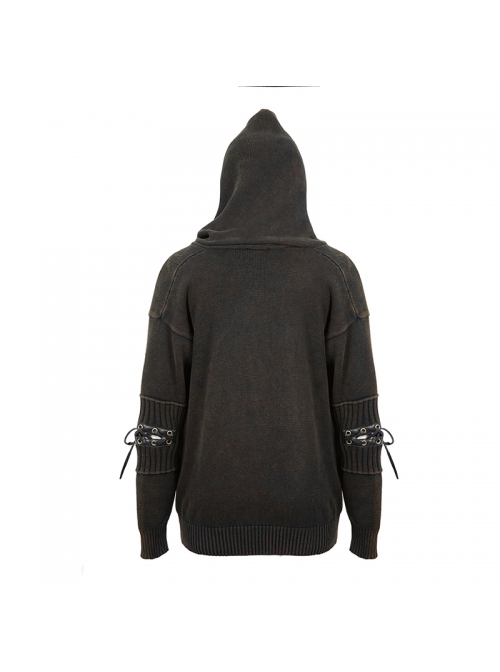 Worn-Out Long Sleeve Elbow Leather Strip Lace-Up Brown Punk Hooded Coarse Knit Sweater