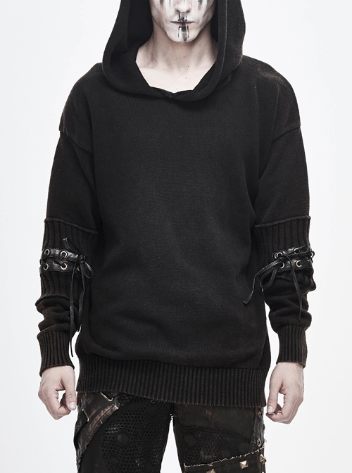 Worn-Out Long Sleeve Elbow Leather Strip Lace-Up Brown Punk Hooded Coarse Knit Sweater