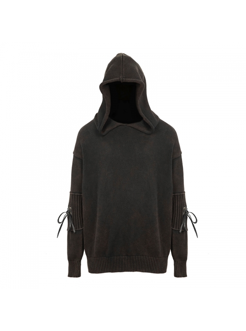 Worn-Out Long Sleeve Elbow Leather Strip Lace-Up Brown Punk Hooded Coarse Knit Sweater