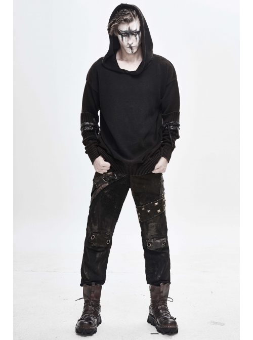 Worn-Out Long Sleeve Elbow Leather Strip Lace-Up Brown Punk Hooded Coarse Knit Sweater