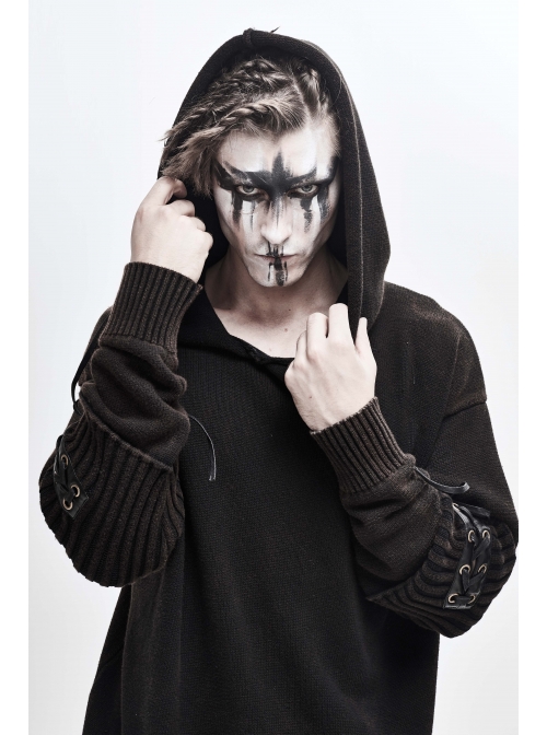Worn-Out Long Sleeve Elbow Leather Strip Lace-Up Brown Punk Hooded Coarse Knit Sweater