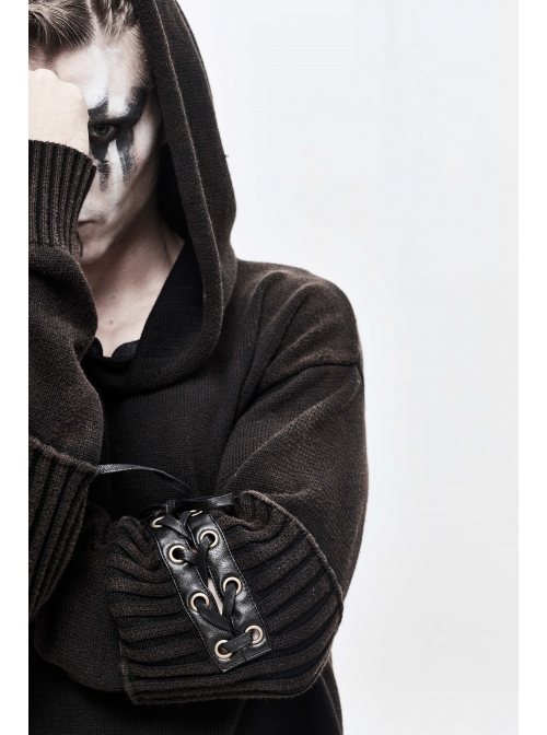 Worn-Out Long Sleeve Elbow Leather Strip Lace-Up Brown Punk Hooded Coarse Knit Sweater