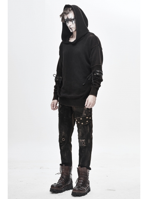 Worn-Out Long Sleeve Elbow Leather Strip Lace-Up Brown Punk Hooded Coarse Knit Sweater