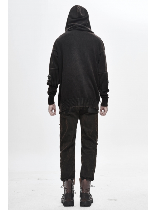 Worn-Out Long Sleeve Elbow Leather Strip Lace-Up Brown Punk Hooded Coarse Knit Sweater