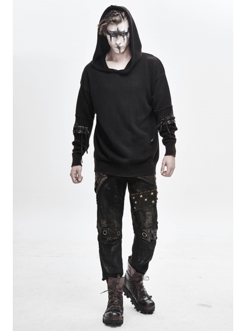 Worn-Out Long Sleeve Elbow Leather Strip Lace-Up Brown Punk Hooded Coarse Knit Sweater