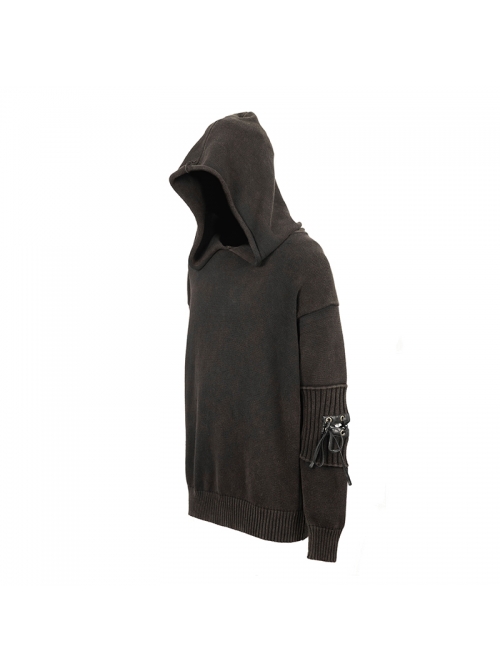 Worn-Out Long Sleeve Elbow Leather Strip Lace-Up Brown Punk Hooded Coarse Knit Sweater