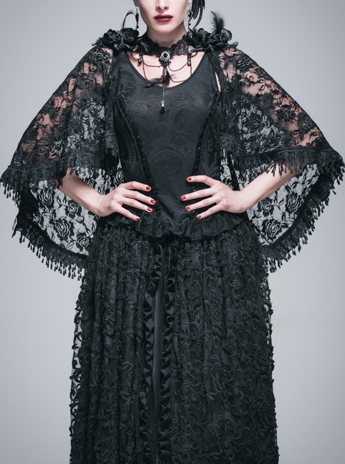 Paisley Dark Pattern Jacquard Rose Mesh Knitted Cape Lace Flounce Hem Black Gothic Vest
